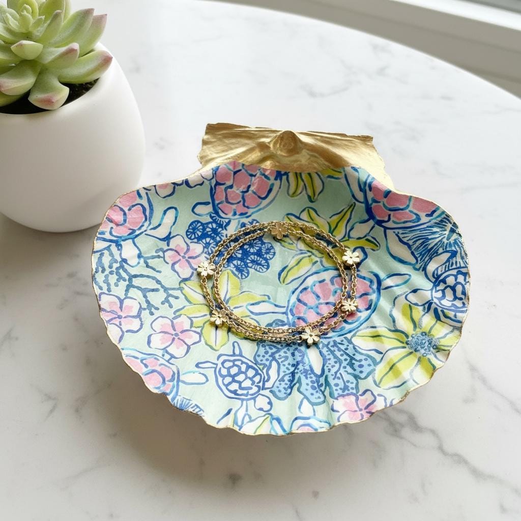 Sea Turtle & Tropical Floral Shell Trinket Dish