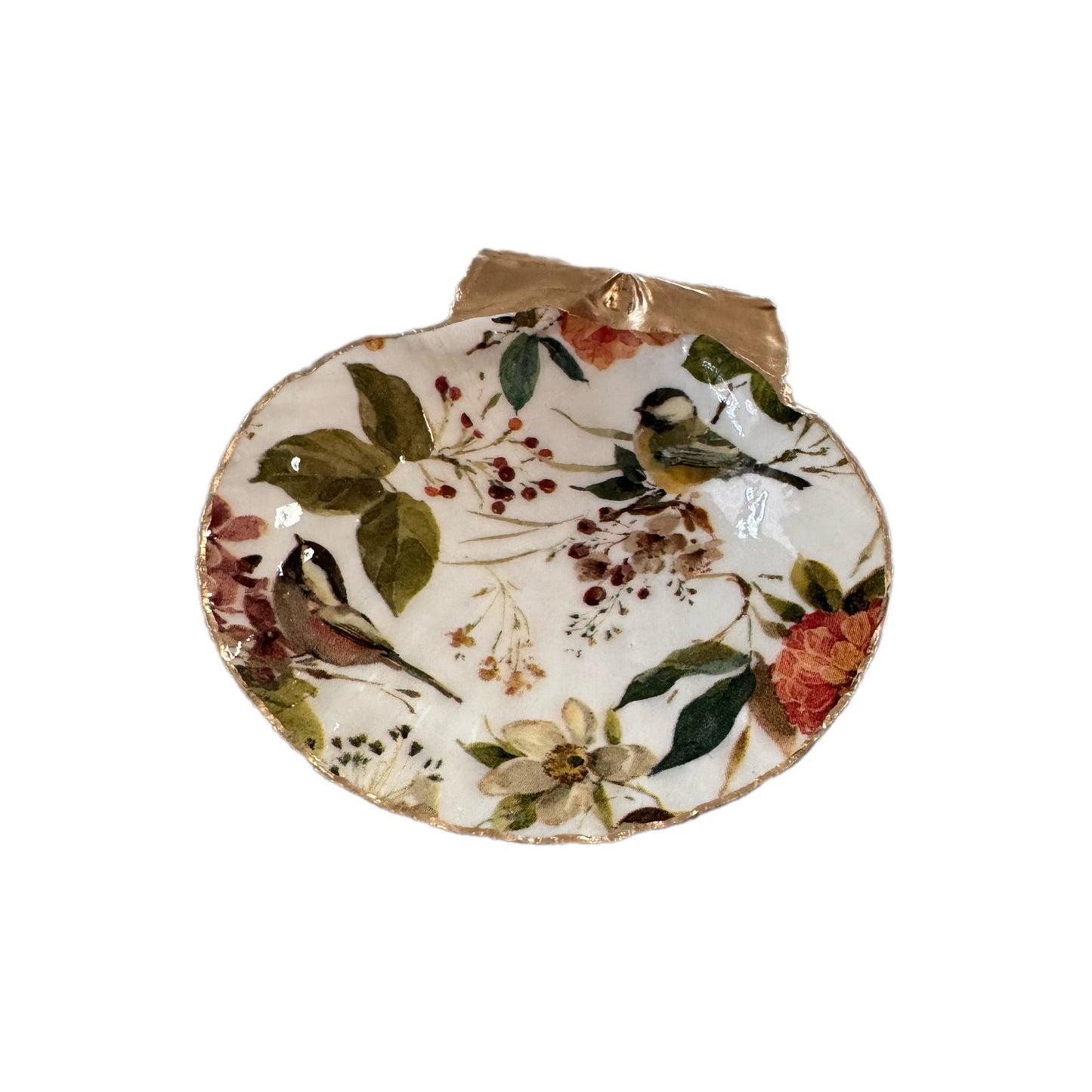 Vintage Songbird Scallop Shell Trinket Dish, Botanical Jewelry Holder