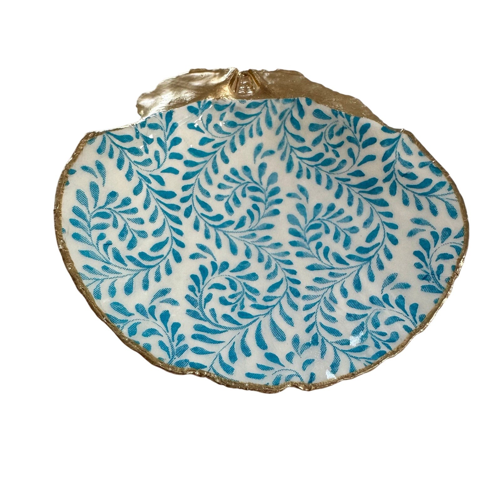 Blue leaf pattern on natural scallop shell trinket dish