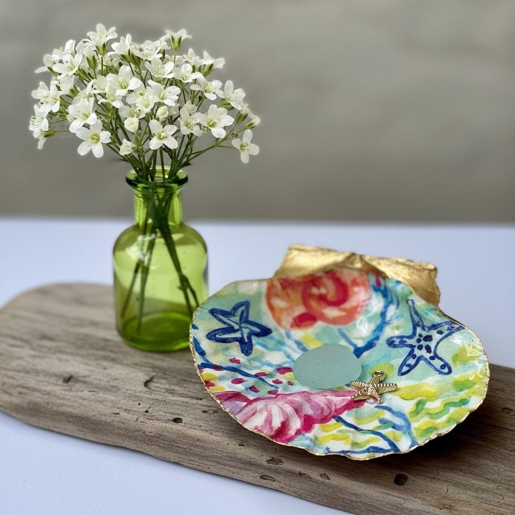 Detailed view of coastal watercolor starfish shell trinket dish