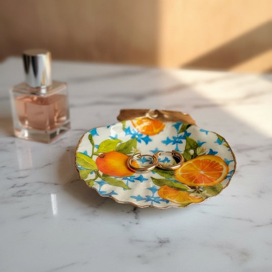 Citrus & blue floral shell trinket dish