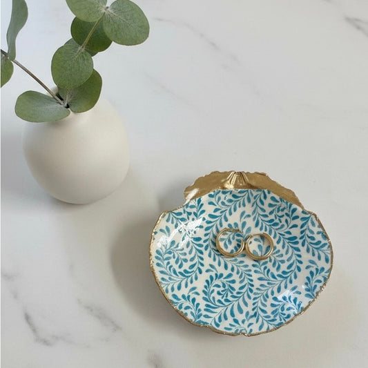 Blue botanical scallop shell jewelry dish with gold edging