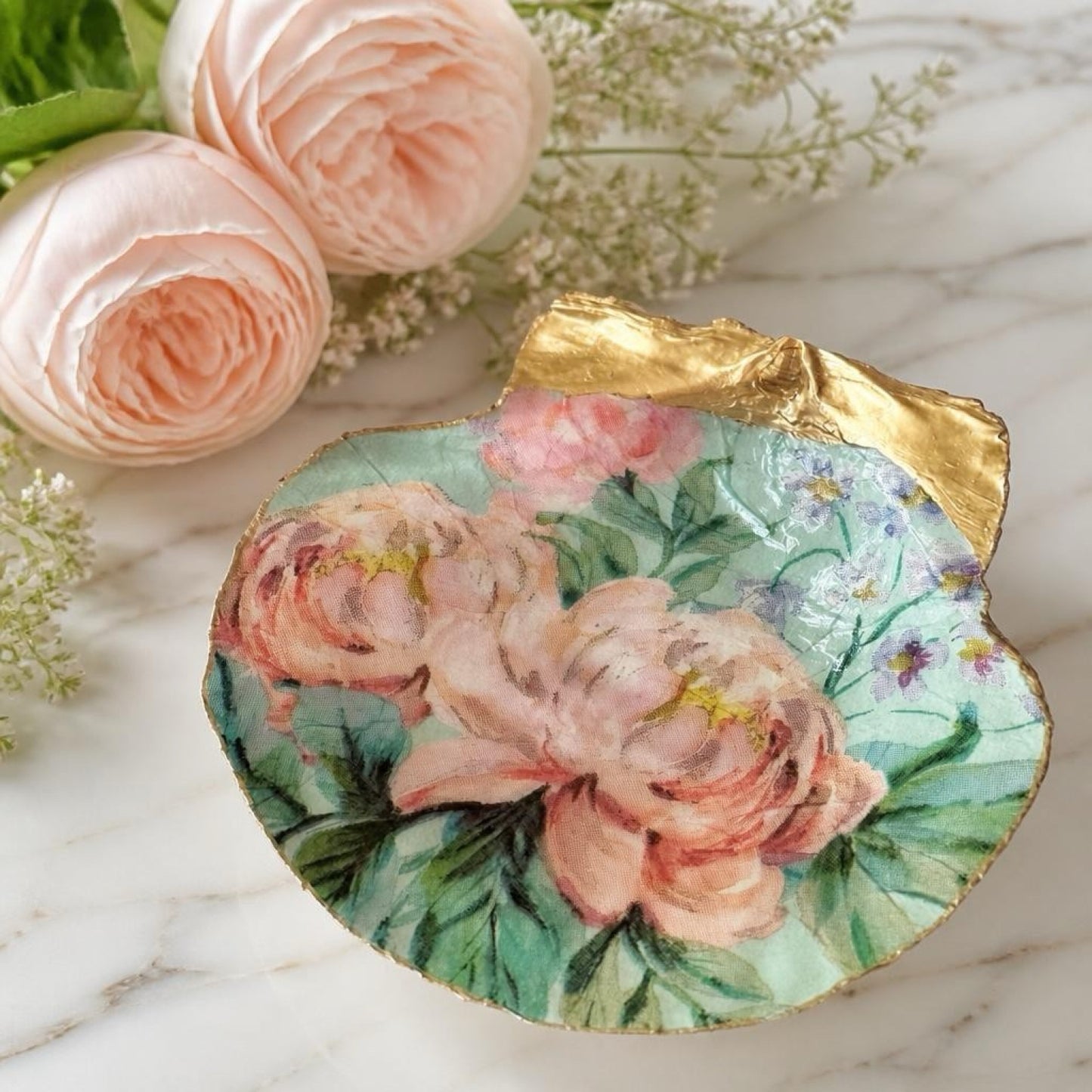 Vintage pink botanical shell trinket dish