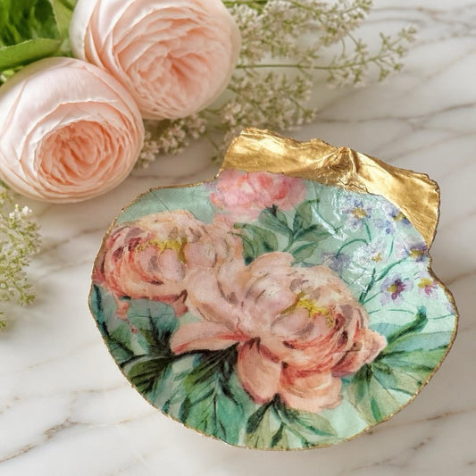 Vintage pink botanical shell trinket dish