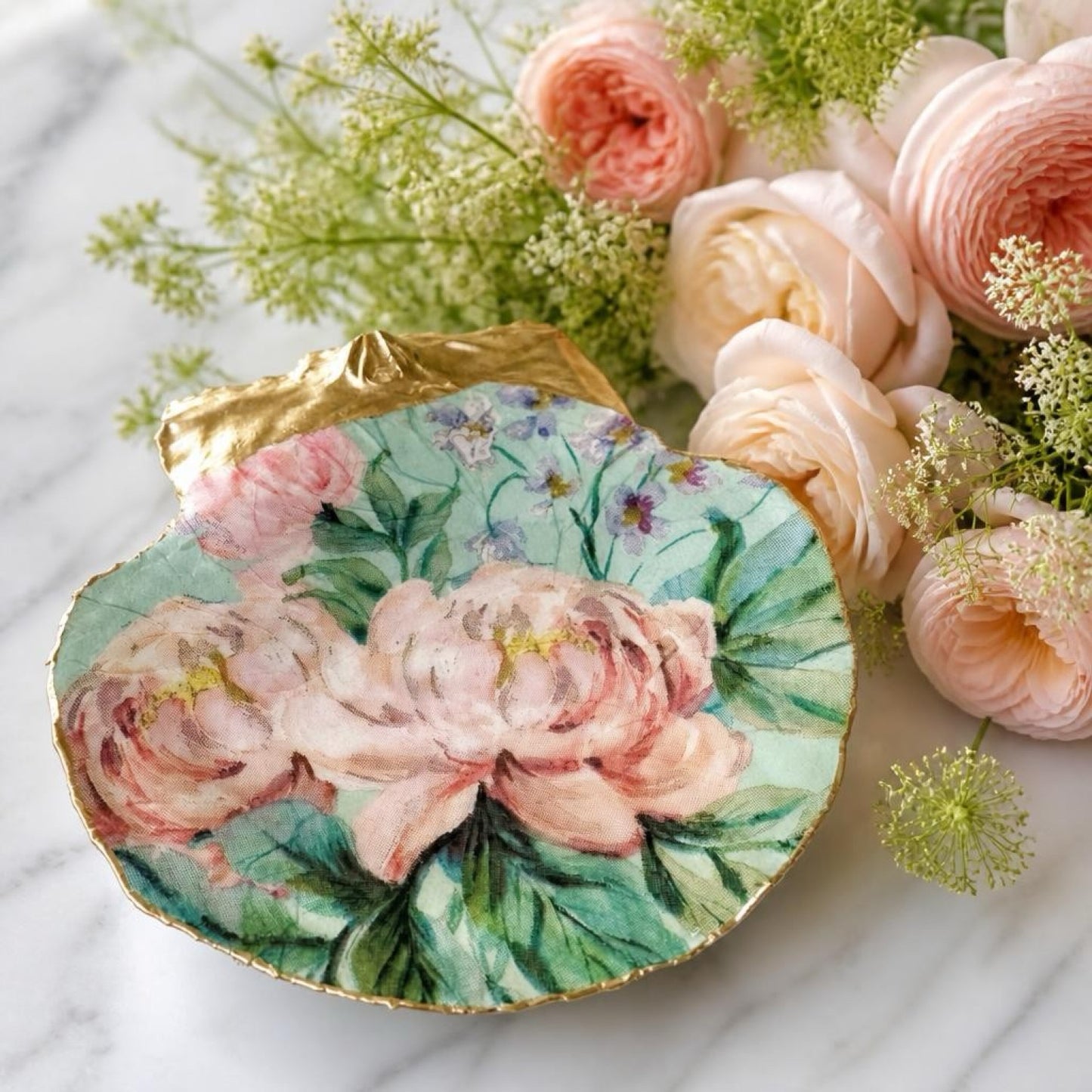Vintage pink botanical shell trinket dish product view