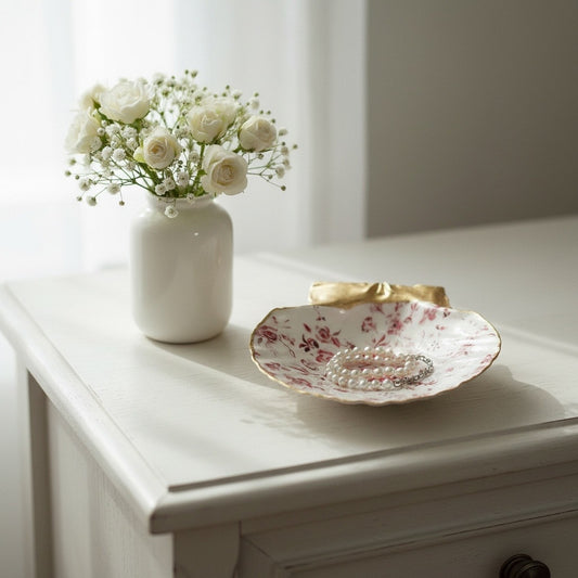 Red vintage floral shell trinket dish