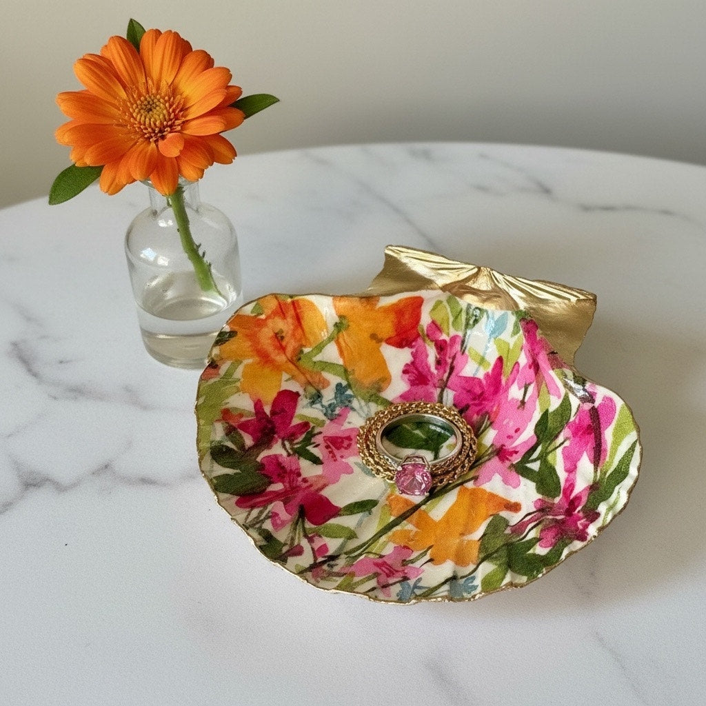Bright wildflower shell trinket dish