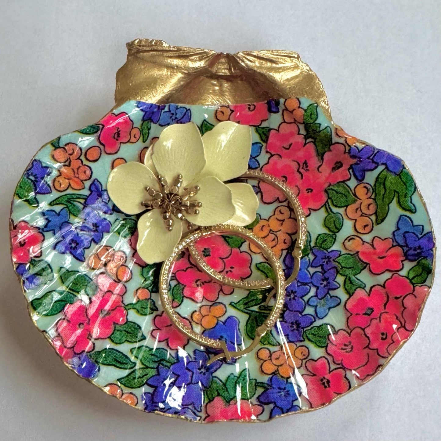 Pink and Purple Lilly Floral Seashell Trinket Dish