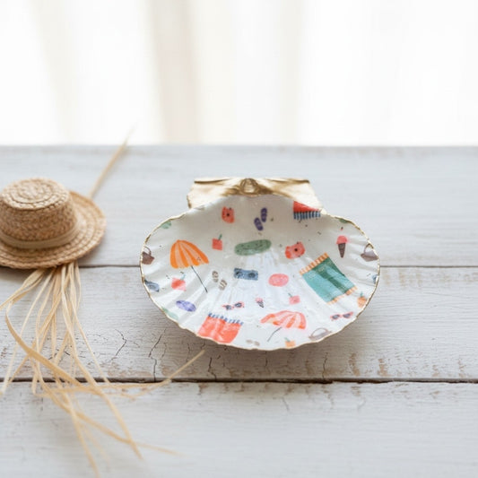 Beach day scallop shell trinket dish with colorful summer print