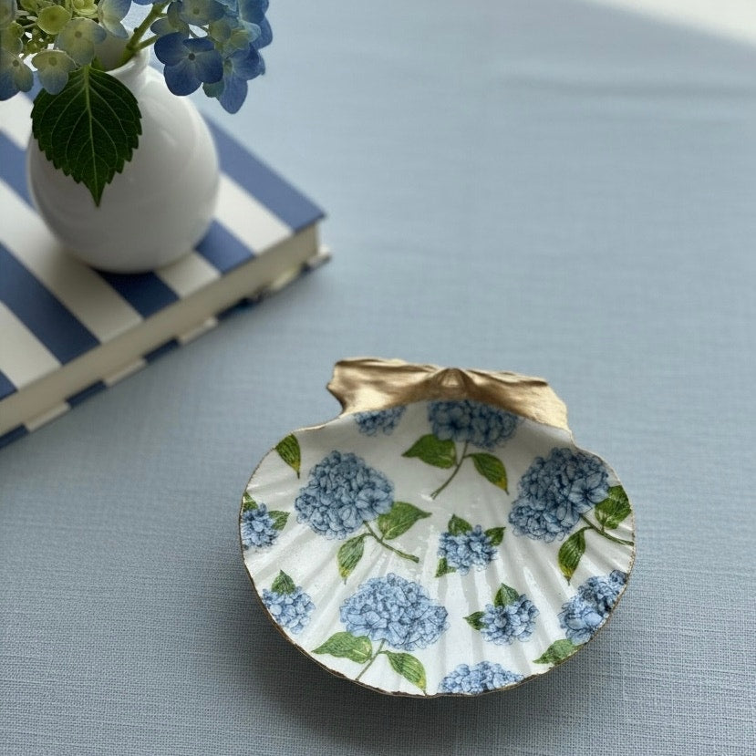 Blue Hydrangea Botanical Scallop Shell Trinket Dish & Ring Dish