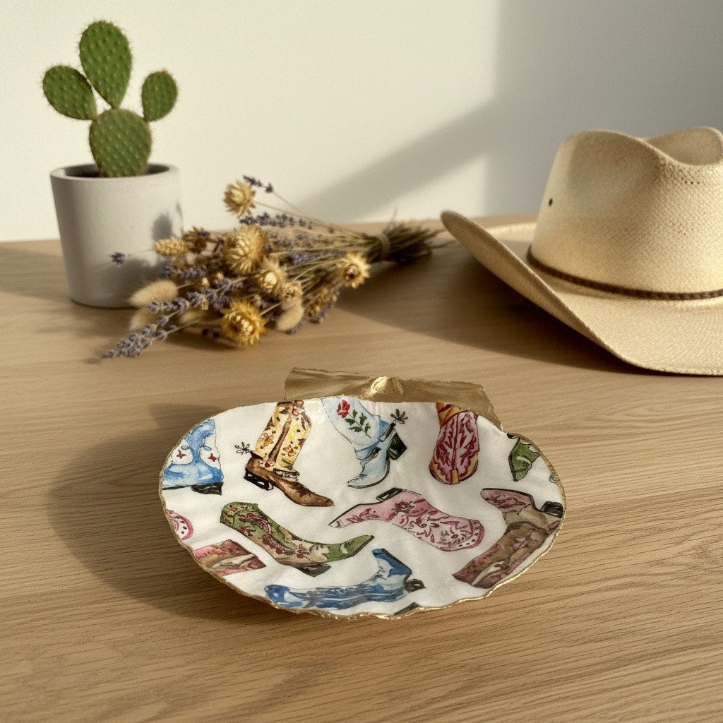 Cowboy Boot Shell Ring Dish Handmade Scallop Trinket Dish, Western Gift Country Girl