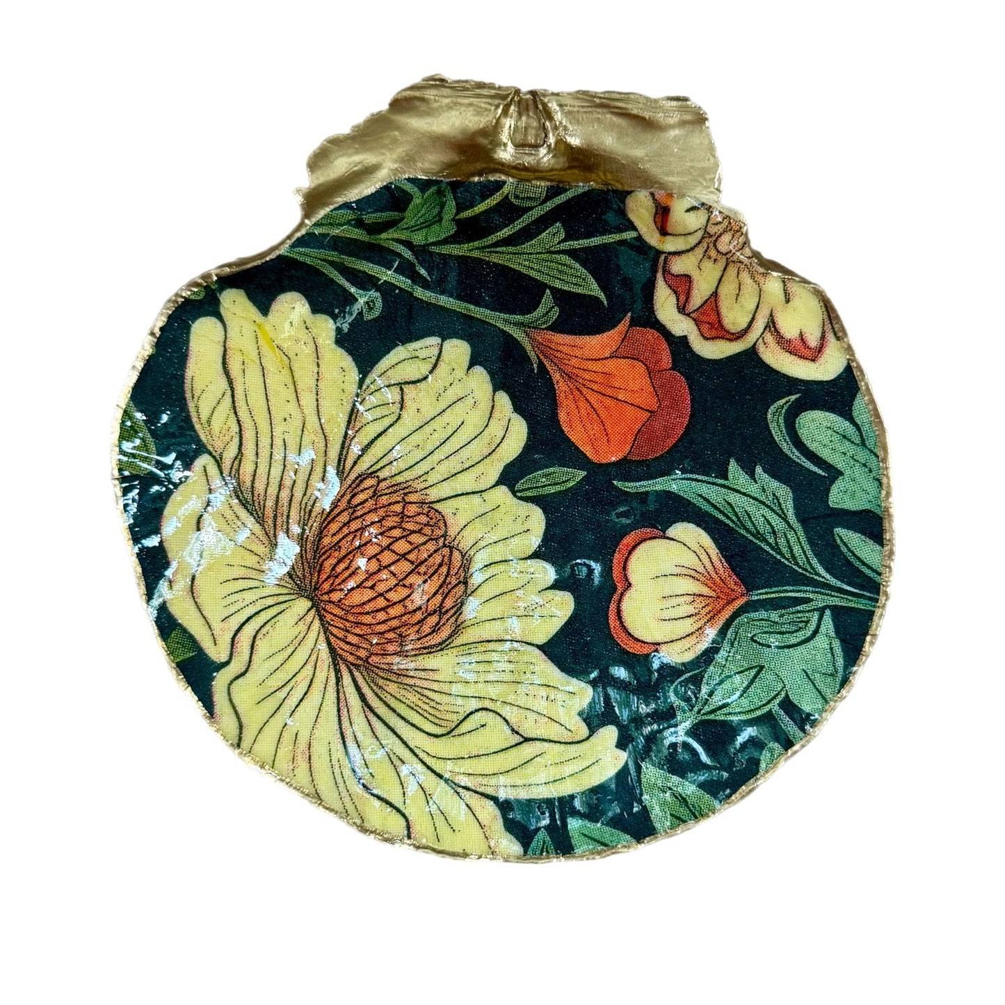 Detailed view of william morris golden floral shell trinket dish