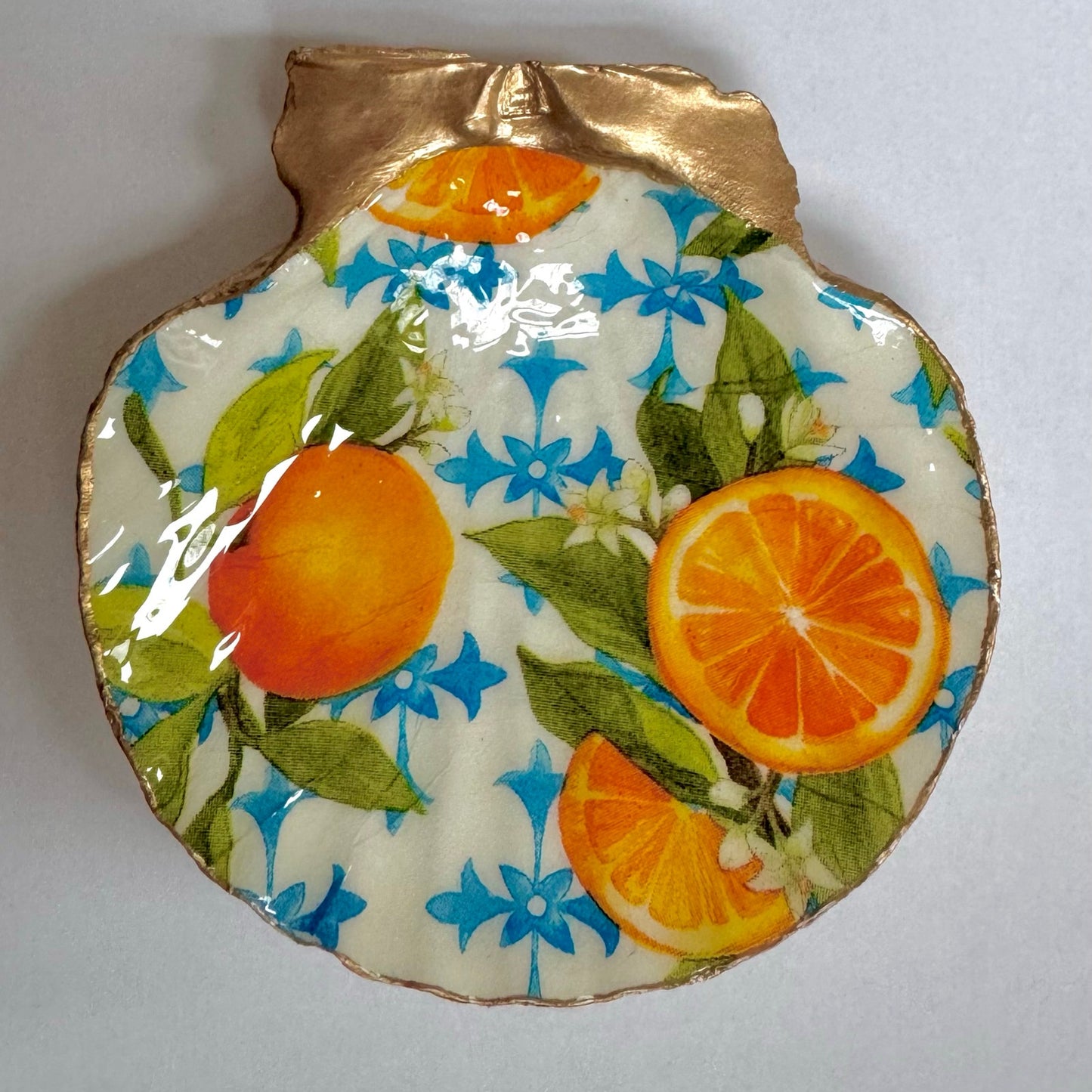 Alternate view of citrus & blue floral shell trinket dish