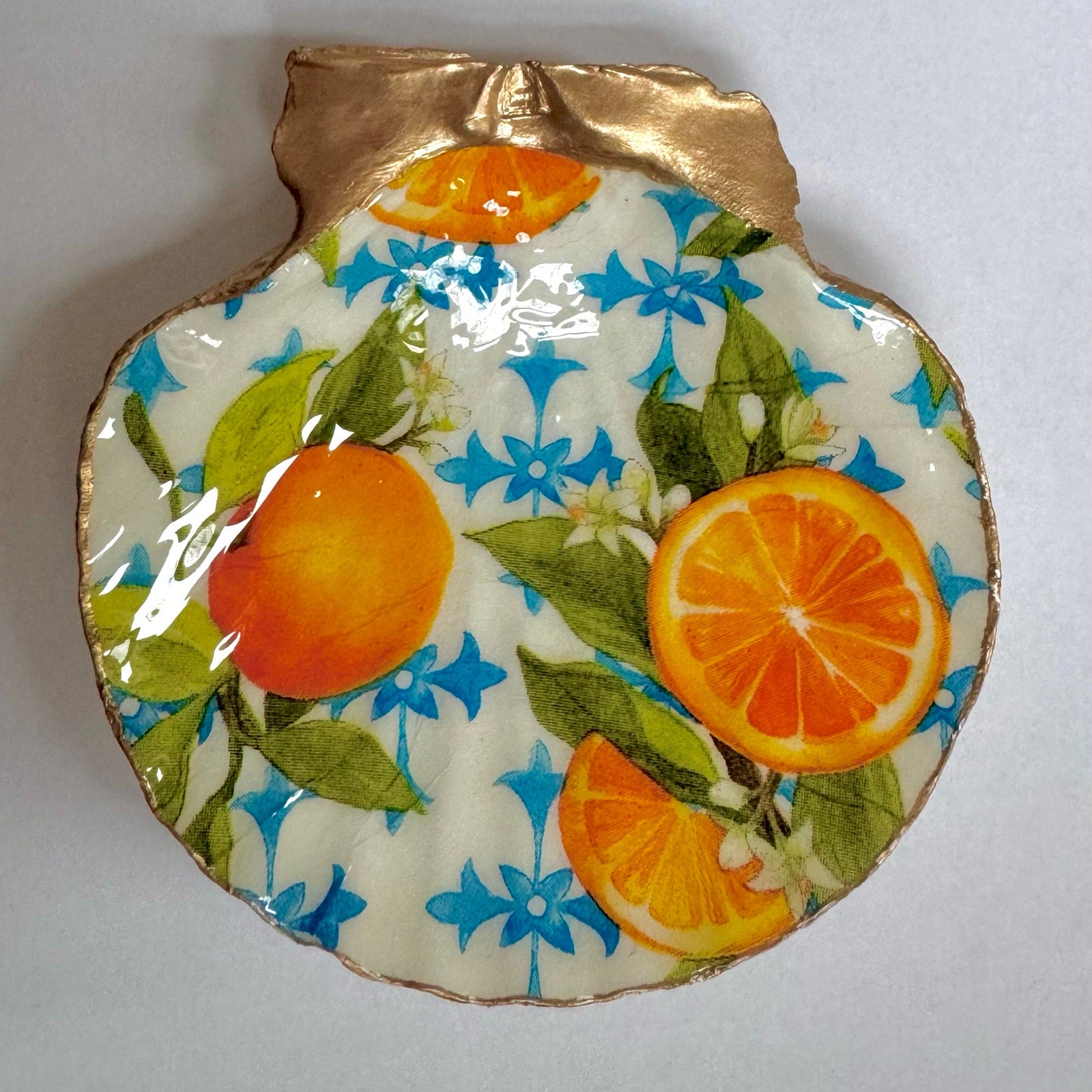 Alternate view of citrus & blue floral shell trinket dish