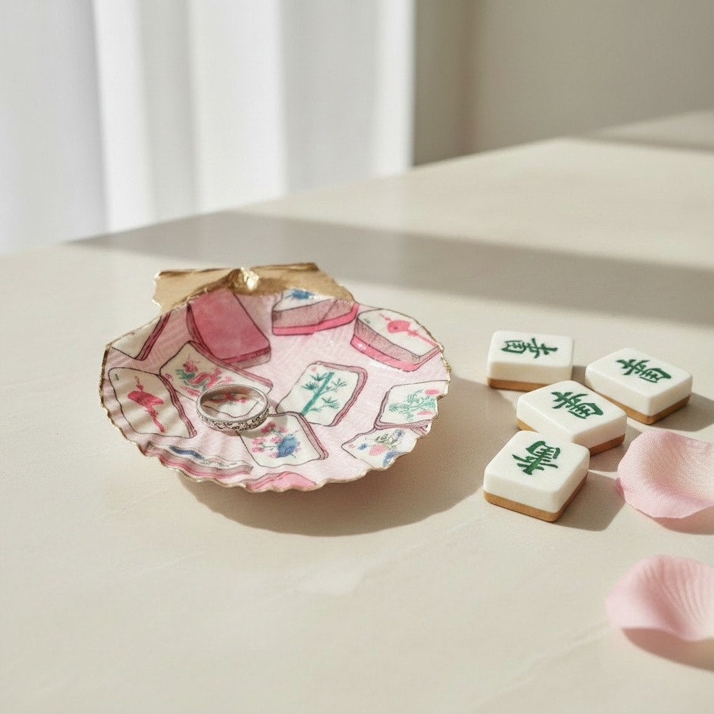 Pink Mahjong Shell Trinket Dish, Mahjong Gift, Jewelry Dish, Dice Holder