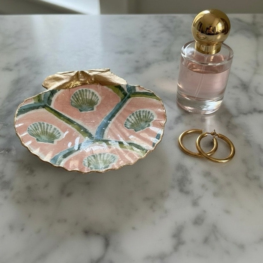 Shell Trinket Dish with Peach Scallop Design, Coastal Ring Holder