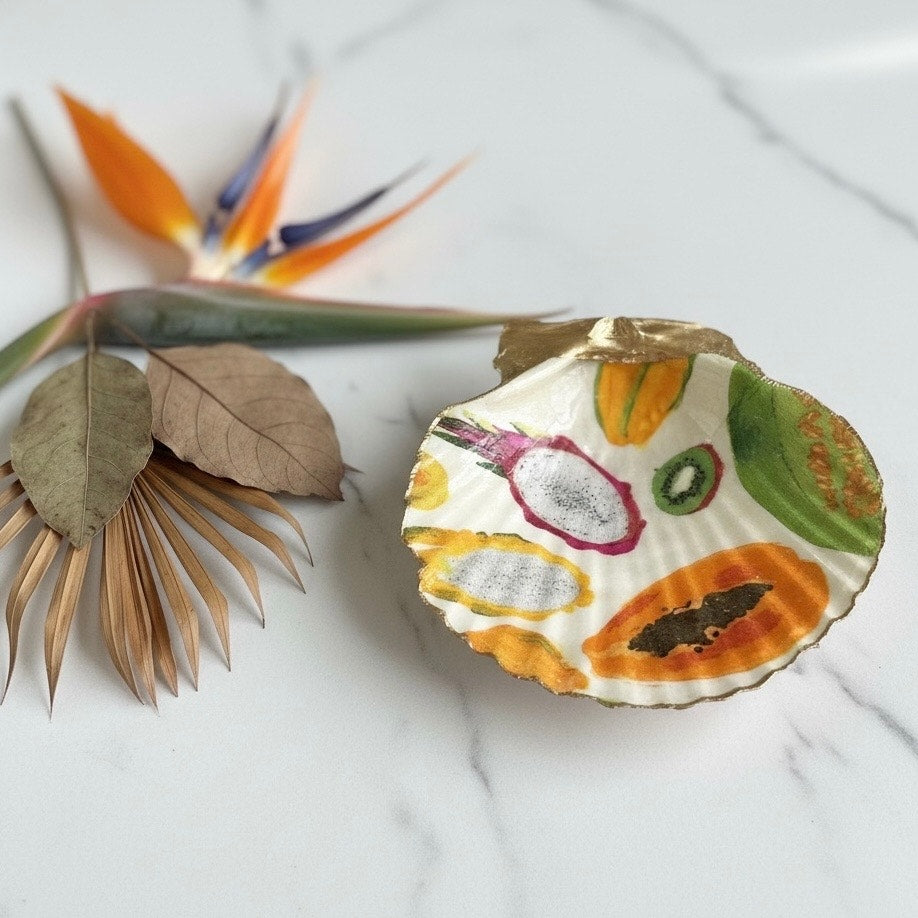 Tropical Fruit Shell Ring Dish Handmade Dish Dragon Fruit Papaya Boho Gift