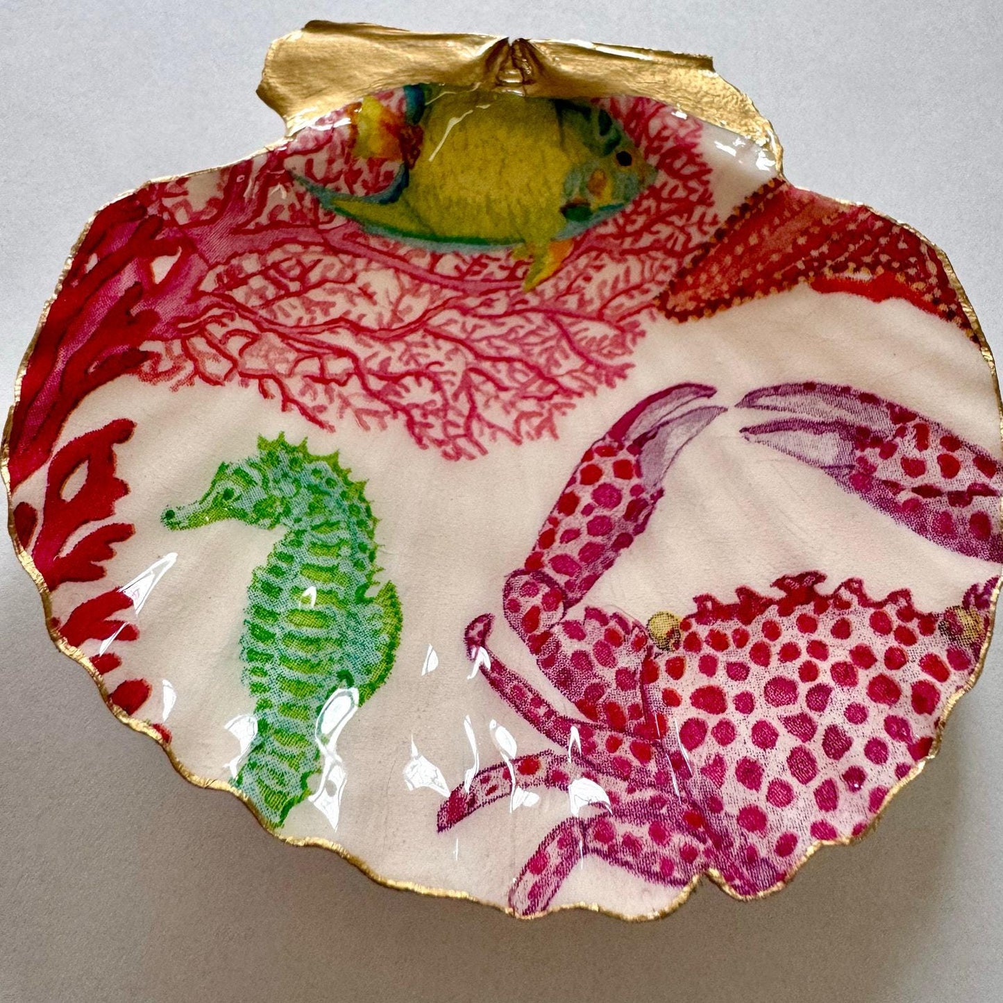 Coral Reef Fish Crab and Seahorse Jewelry Holder, Ocean Lover Gift, Coastal Home Decor