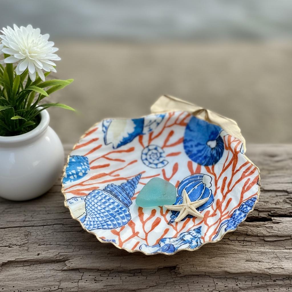 Blue and orange coral scallop shell trinket dish with gold edging