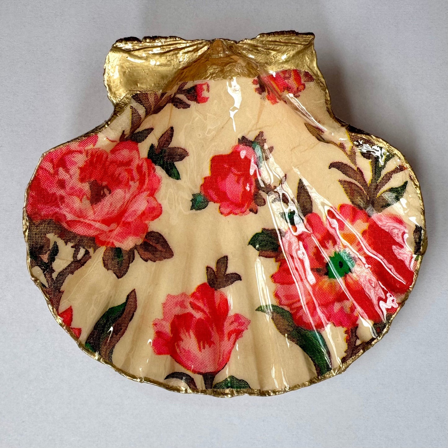 Vintage Pink Rose Floral Seashell Trinket Dish