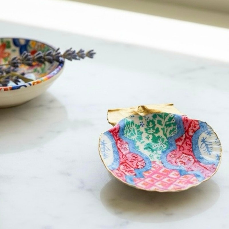 Alternate view of colorful patchwork tile shell trinket dish