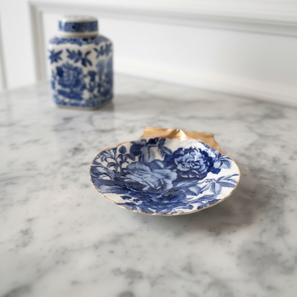 Scallop Shell Ring Dish, Blue White Chinoiserie Peony Floral Jewelry Dish, Bridesmaid Gift