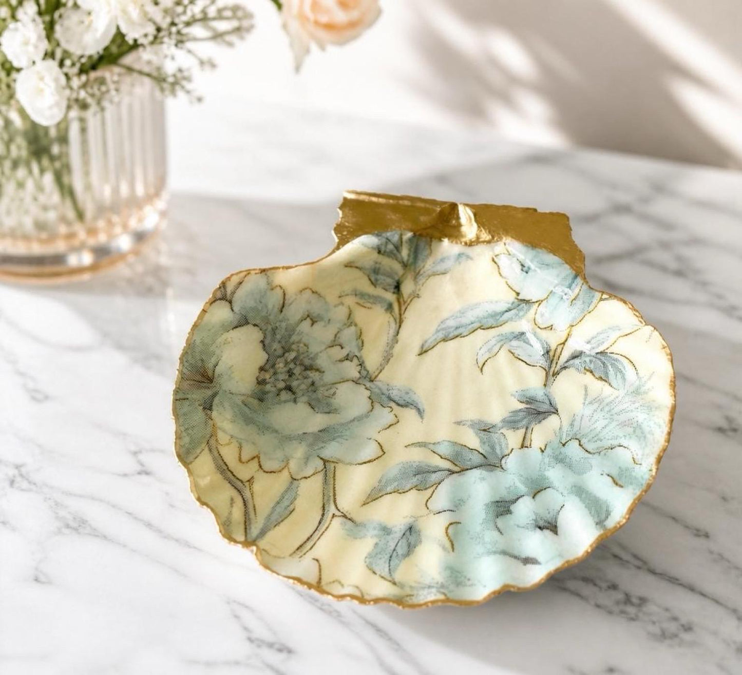Blue Botanical Seashell Trinket Dish, French Country Decor