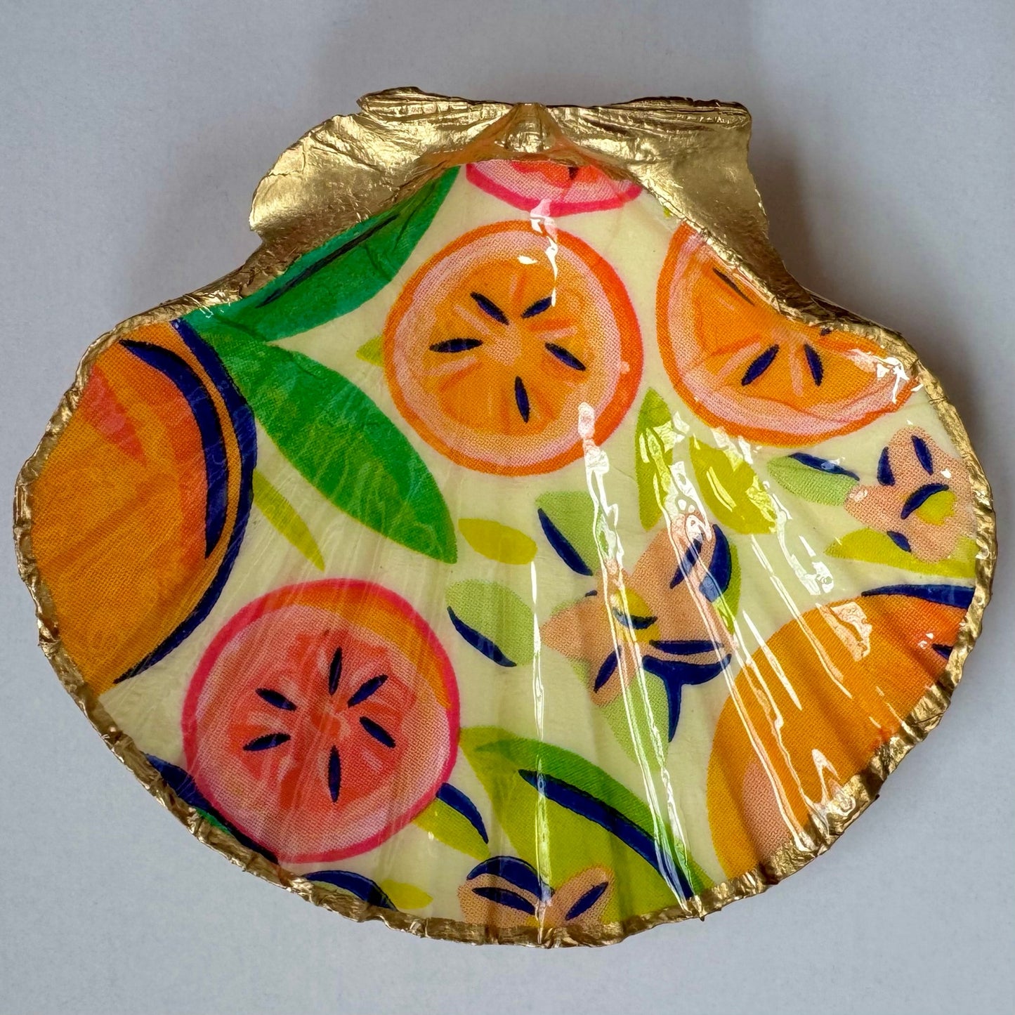 Tropical Fruit Trinket Dish | Scallop Shell Jewelry Dish | Coastal Decor