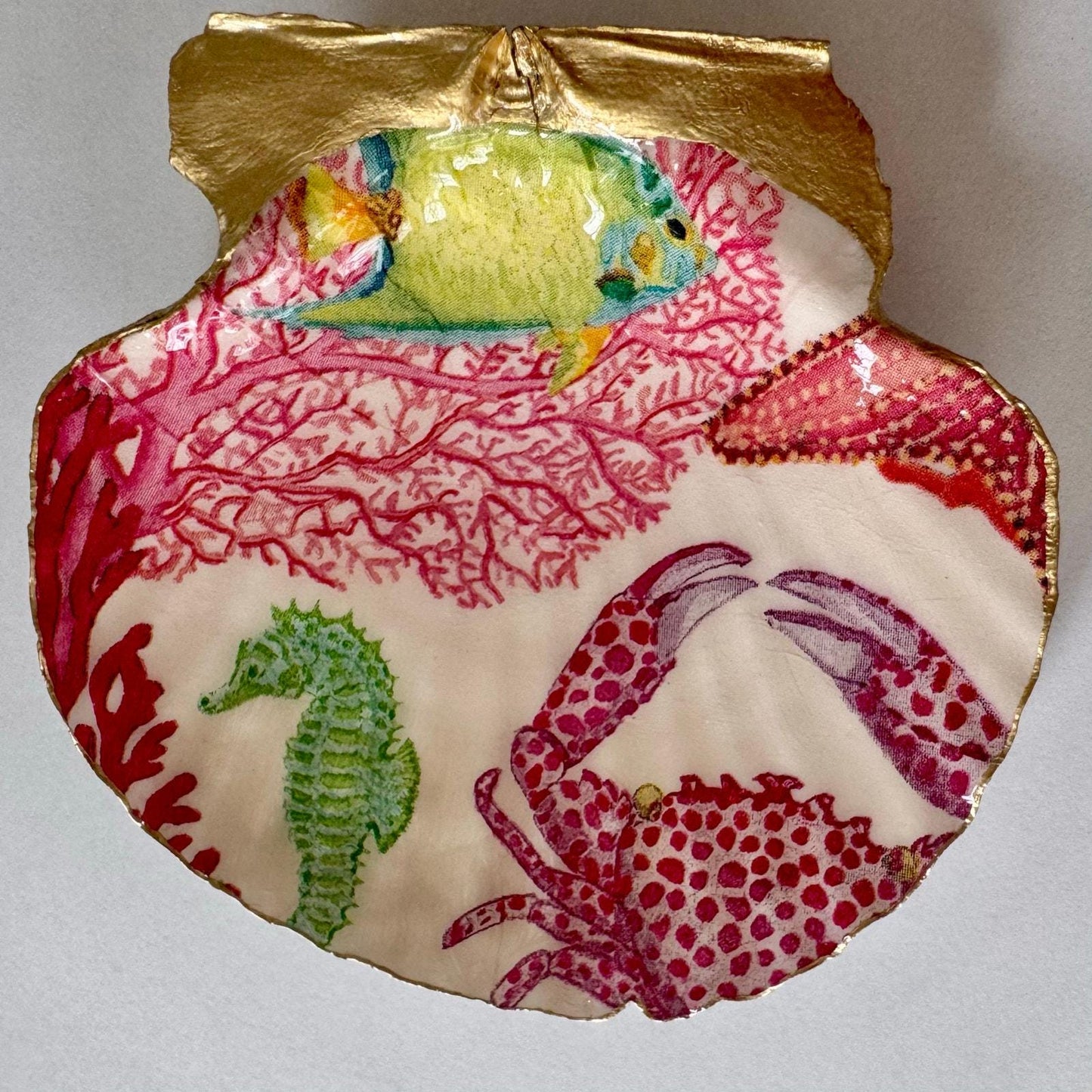 Coral Reef Fish Crab and Seahorse Jewelry Holder, Ocean Lover Gift, Coastal Home Decor