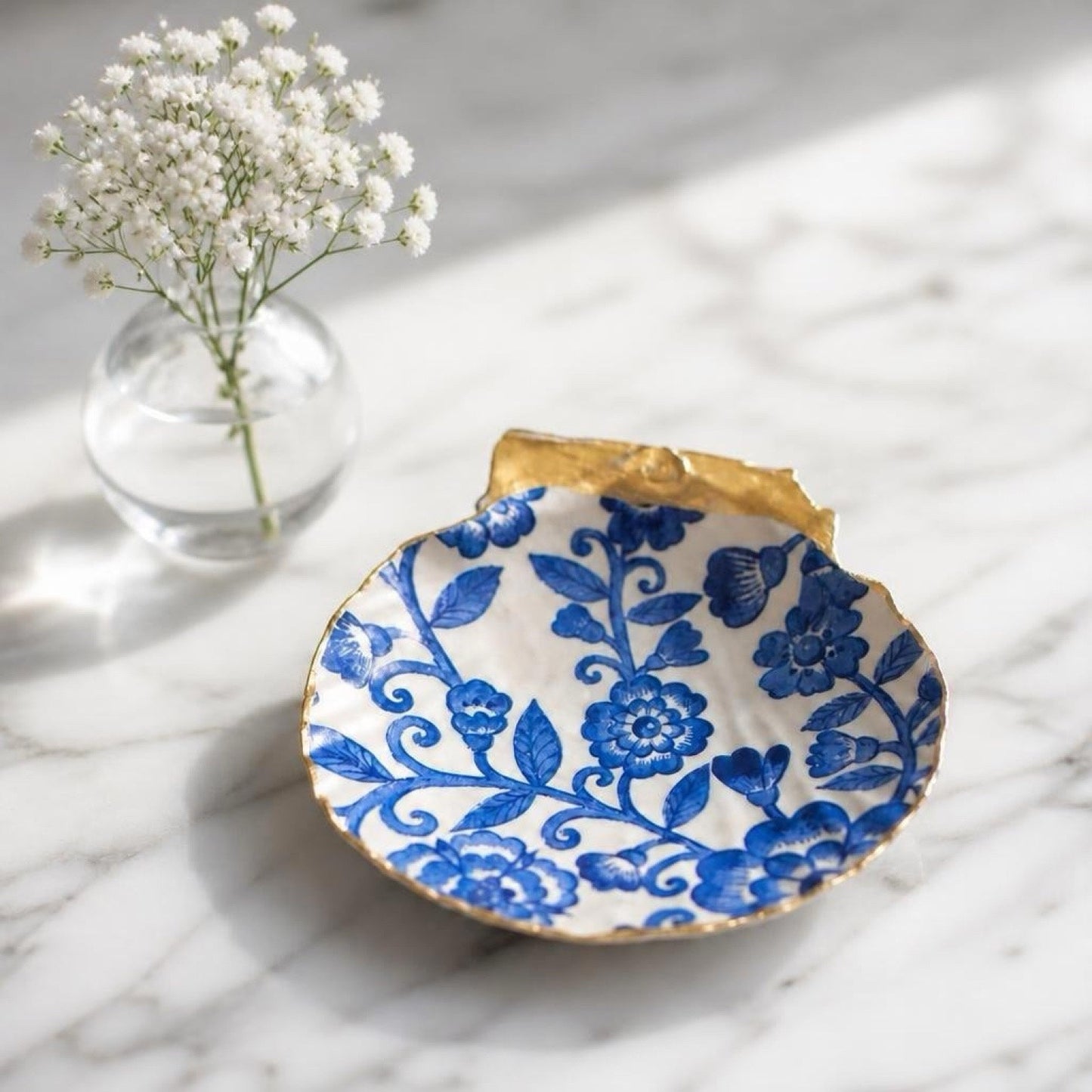 Blue Chinoiserie Shell Trinket Dish | Ring Holder | Coastal Gift