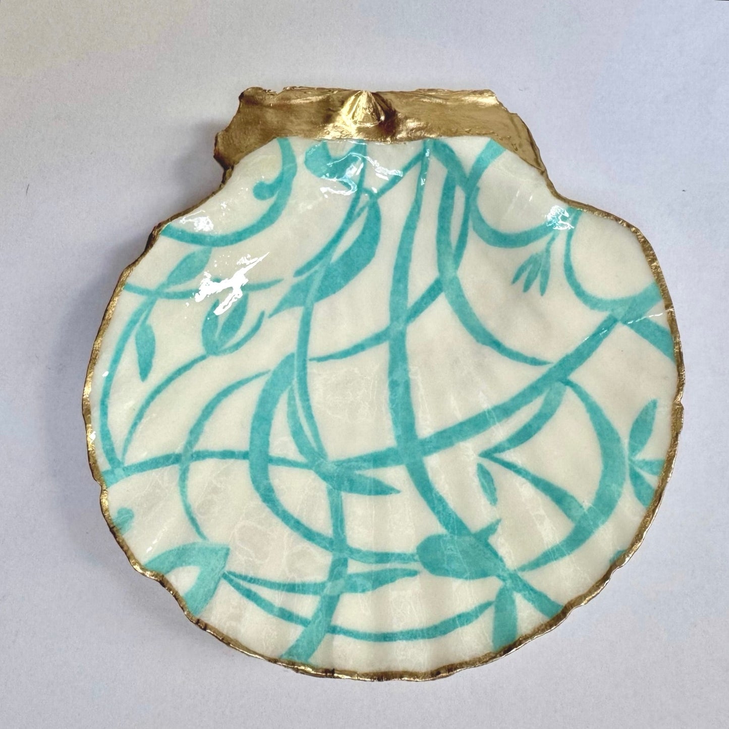 Blue Vine Shell Ring Dish, Handmade Scallop Trinket Dish, Coastal Boho Decor