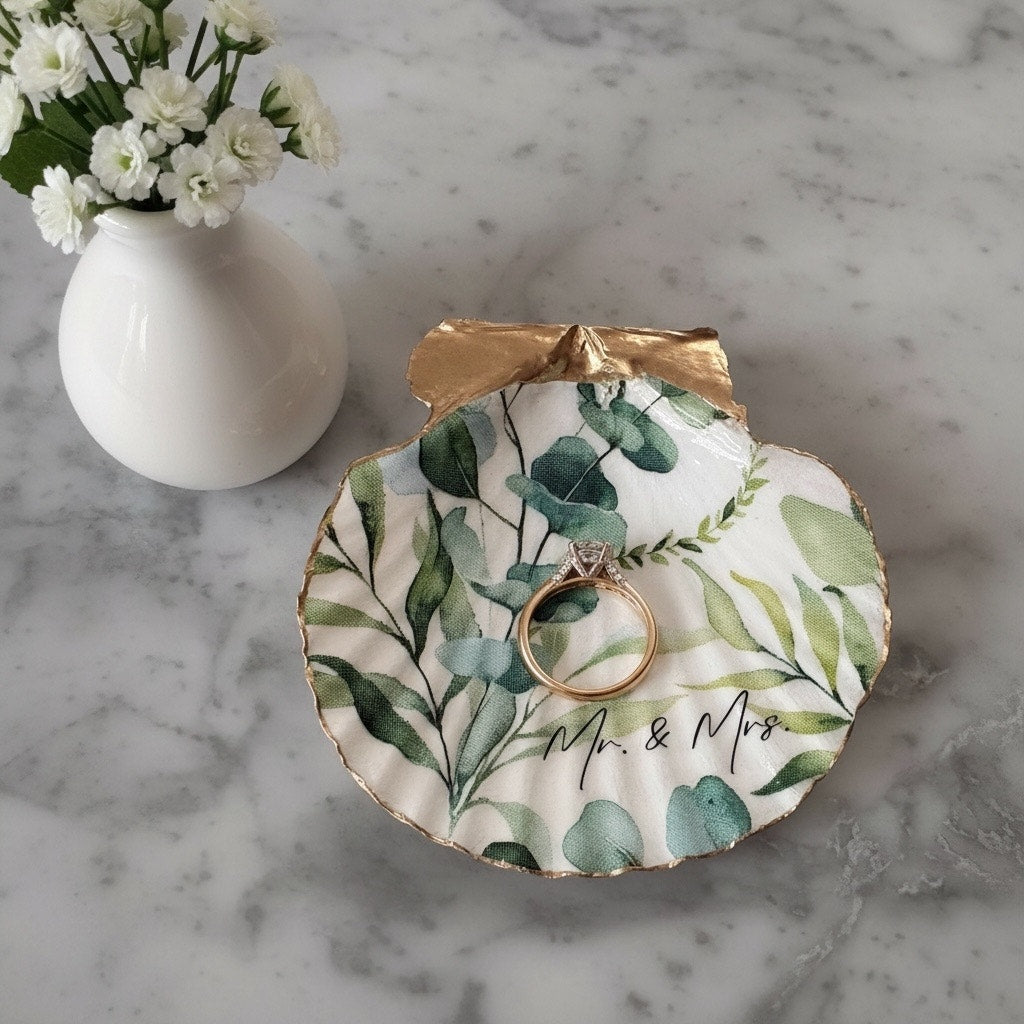 Mr & Mrs Eucalyptus Shell Ring Dish, Engagement Gift, Bridal Trinket Dish