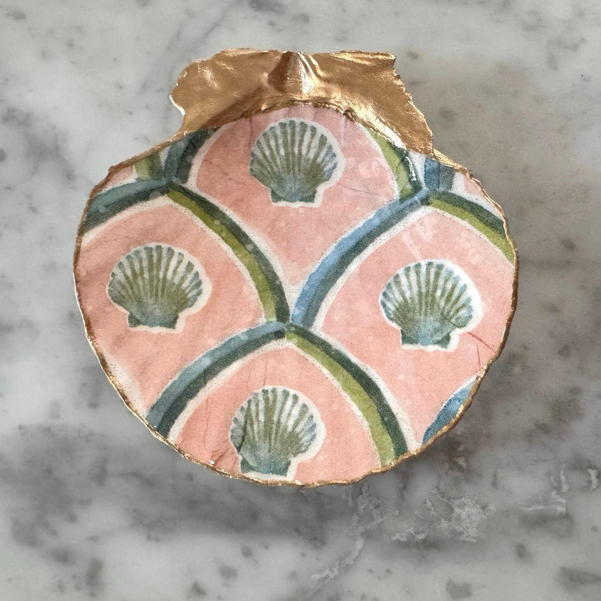 Shell Trinket Dish with Peach Scallop Design, Coastal Ring Holder