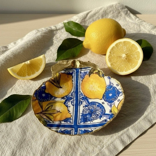 Blue mediterranean lemon tile shell trinket dish
