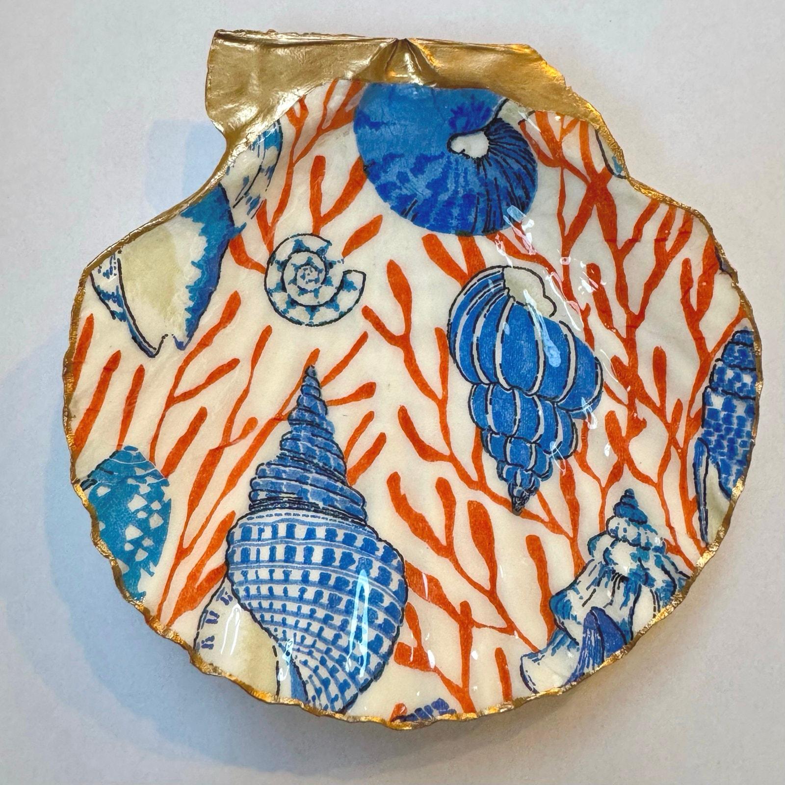 Alternate view of blue and orange coral scallop shell trinket dish