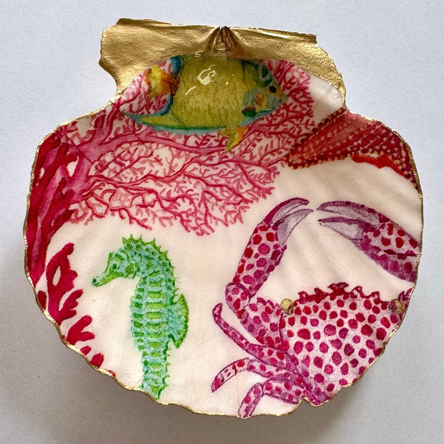 Coral Reef Fish Crab and Seahorse Jewelry Holder, Ocean Lover Gift, Coastal Home Decor
