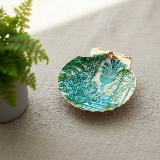 Green fern botanical shell trinket dish