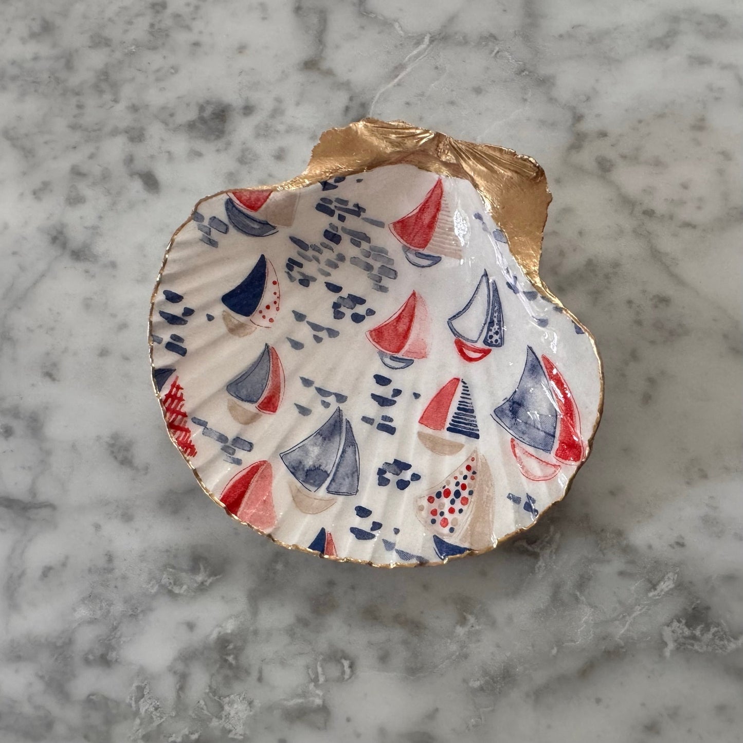 Sailboat Shell Trinket Dish, Nautical Ring Holder, Beach House Decor