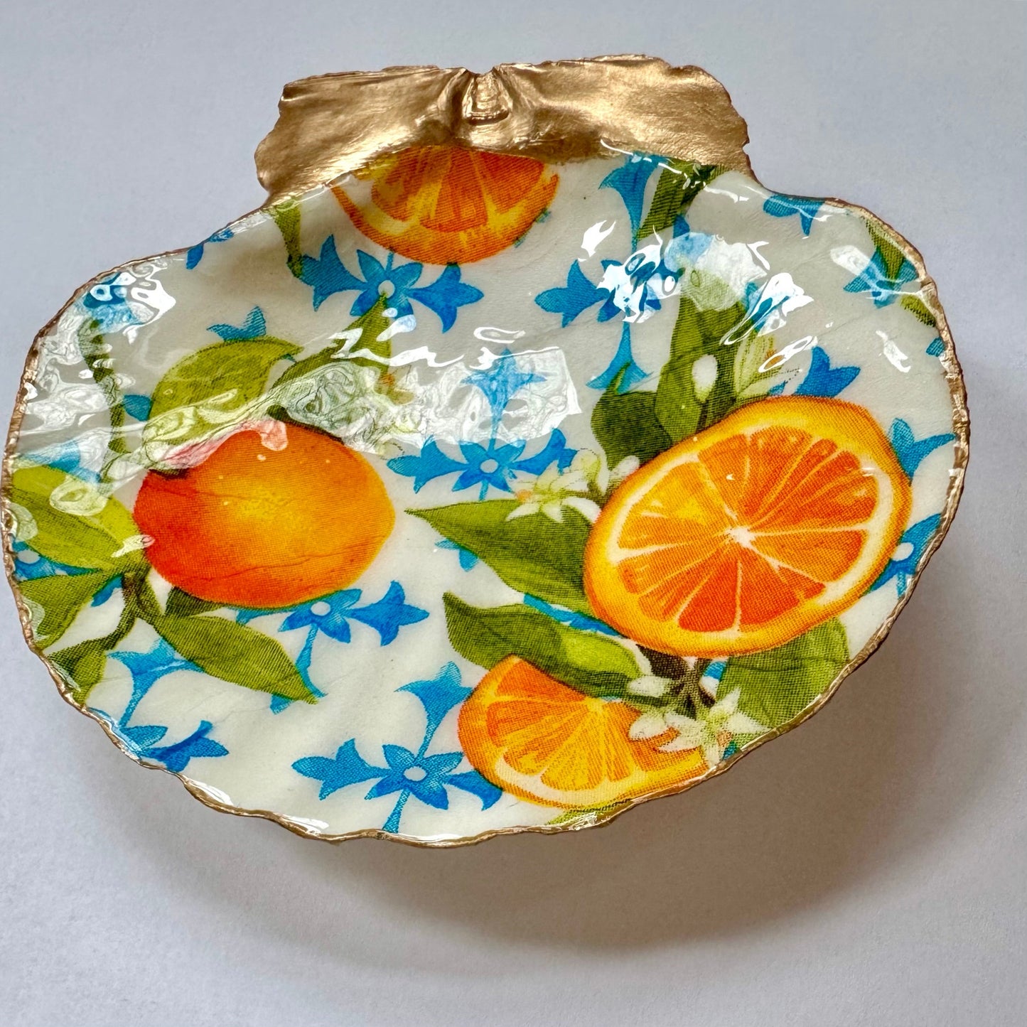 Additional view of citrus & blue floral shell trinket dish