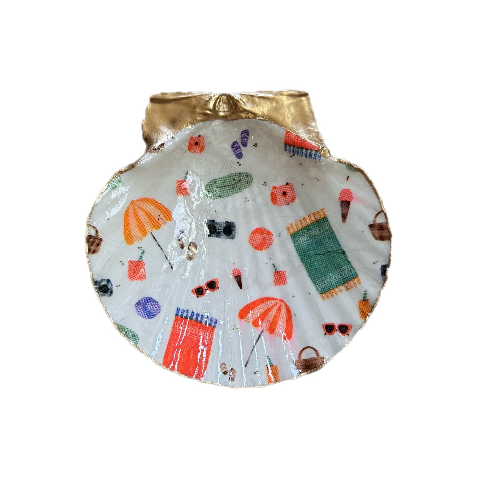 Beach day shell ring dish with umbrellas and summer icons