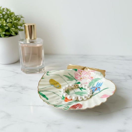 Vintage Floral Seashell Trinket Dish, Coastal Home Decor