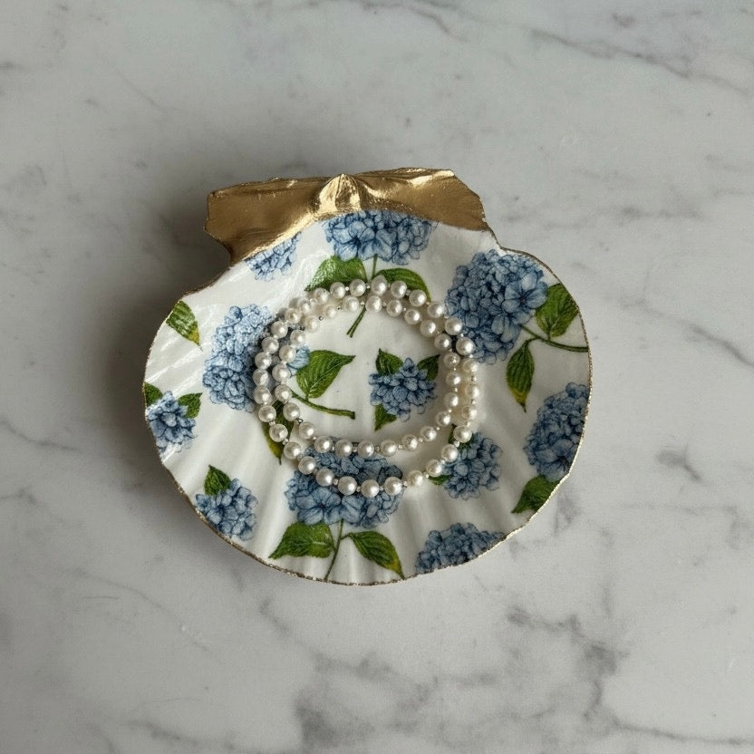 Blue Hydrangea Botanical Scallop Shell Trinket Dish & Ring Dish
