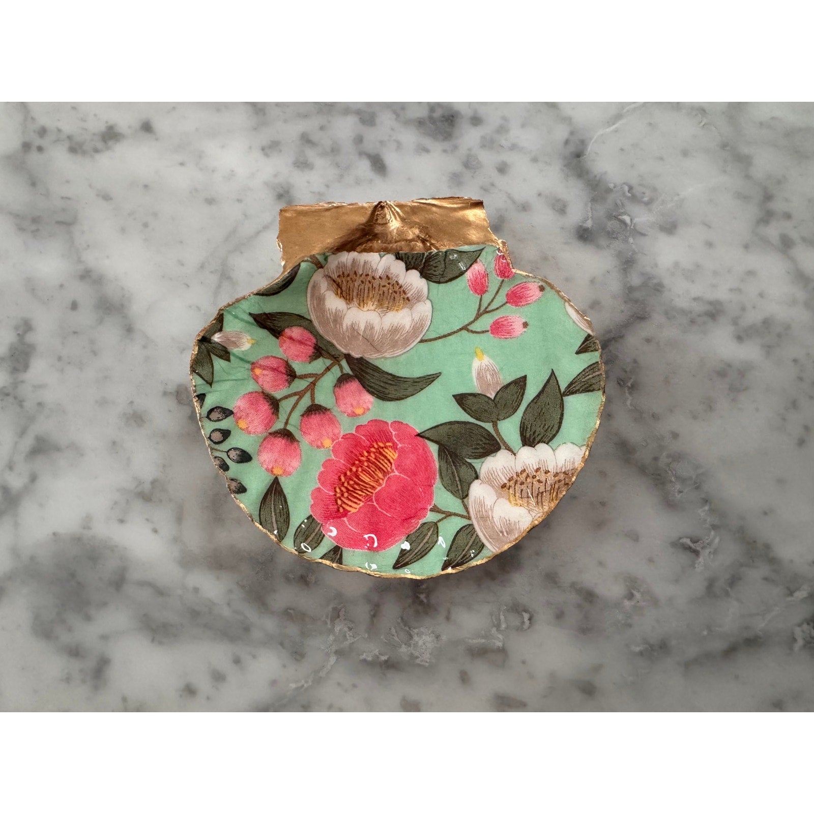 Detailed view of camellia floral shell trinket dish