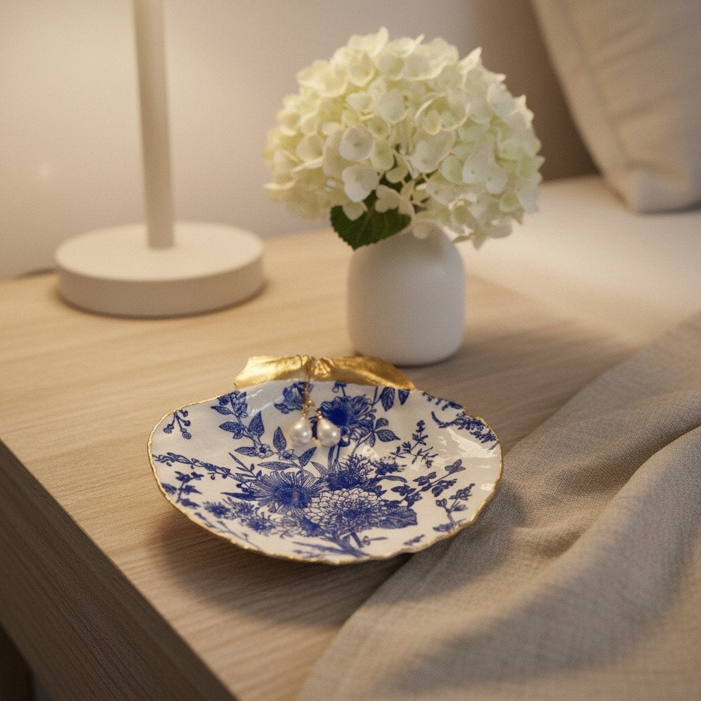 Blue chinoiserie floral shell trinket dish