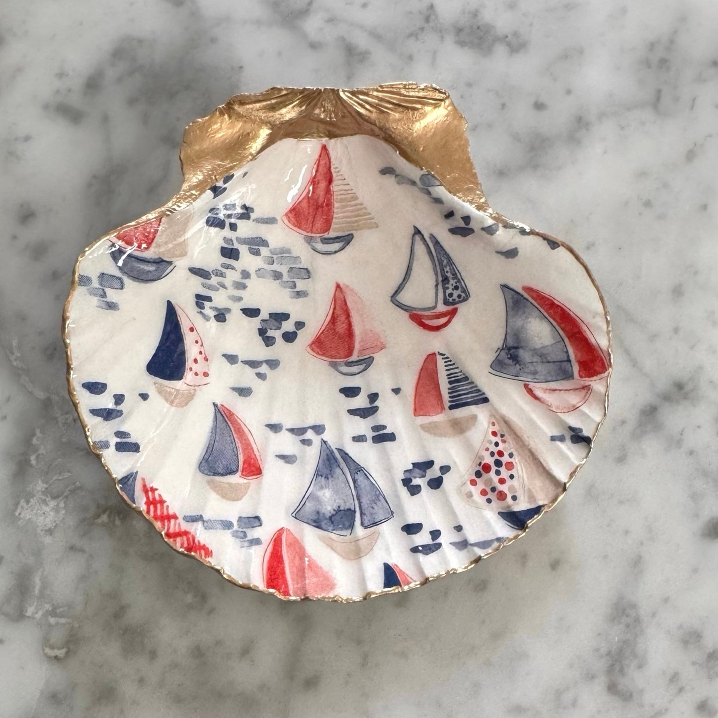 Sailboat Shell Trinket Dish, Nautical Ring Holder, Beach House Decor